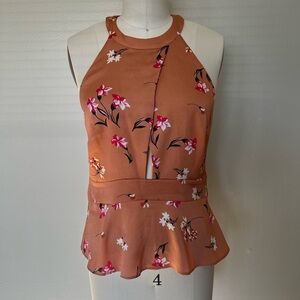 Floral Halter Neck Peplum Top - Orange